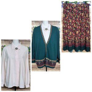 Vintage Southern Lady 3 Piece Set Midi Skirt, Blouse & Cardigan Sweater Size XL